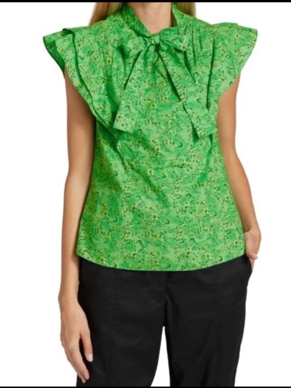 Women’s Derek Lam 10 Crosby Nora Ruffle Blouse Paisley Tie Neck Green Size 8